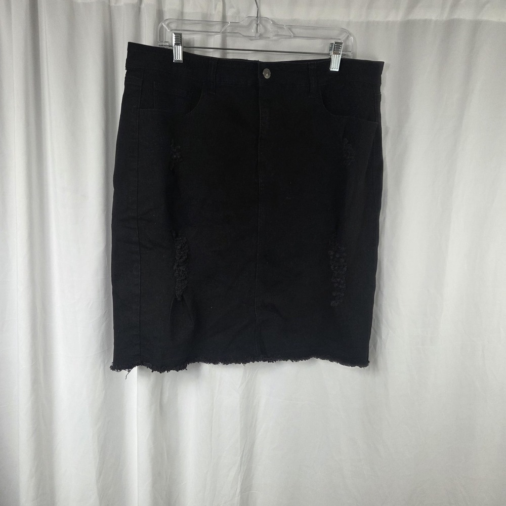 Diamante Skirt Womens 3XL Black Denim Distressed Raw Hem Knee Length Pencil
